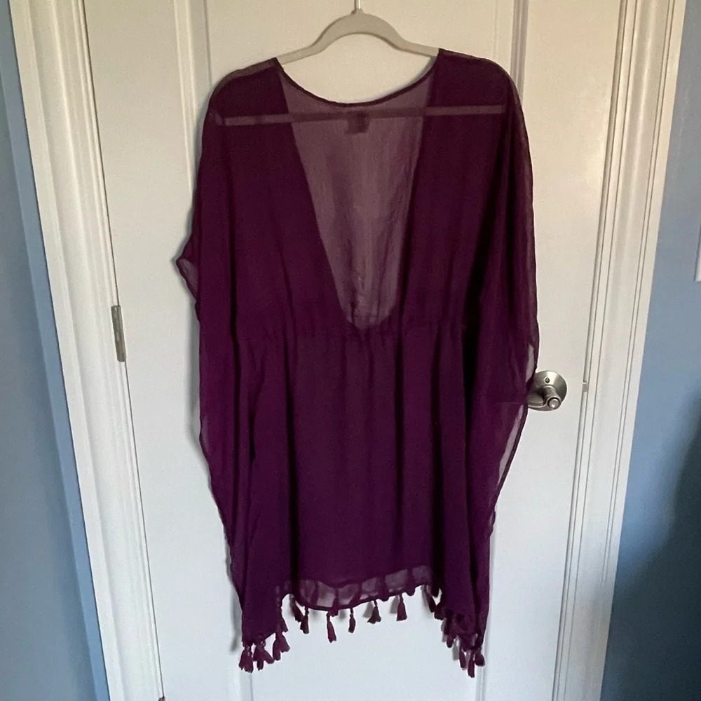 Blue Rod Beattie chiffon tassel trim caftan coverup Top 29155 - Picture 6 of 11